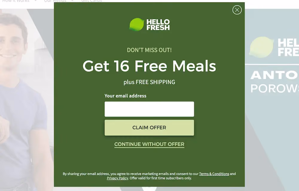 Email Subscription Popup Examples: HelloFresh