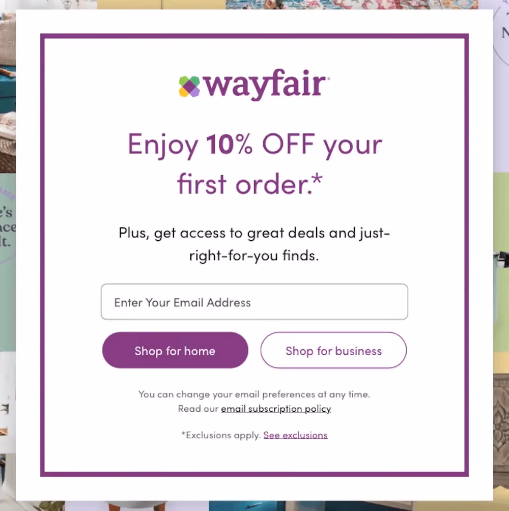 Email Subscription Popup Examples: Wayfair