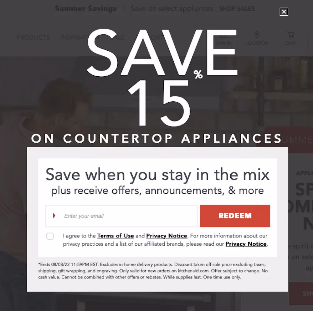 Email Subscription Popup Examples: KitchenAid