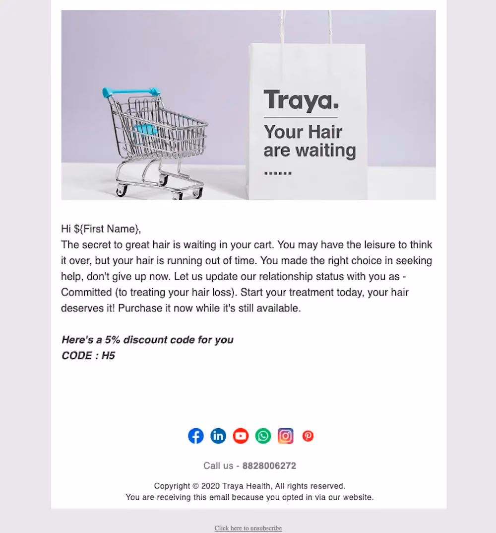 Traya AMP abandoned cart email example