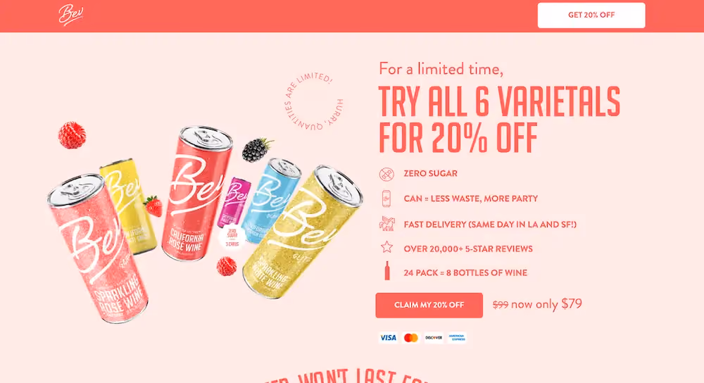 DTC landing page examples: Bev