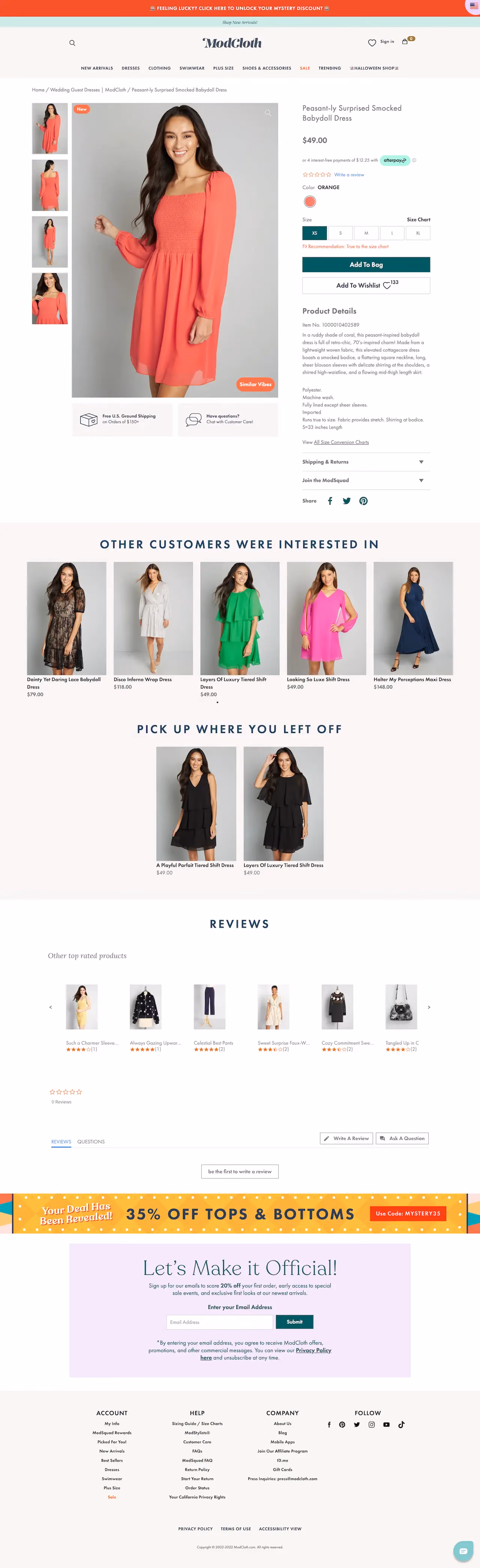 Modcloth Product Recommendation Page Example
