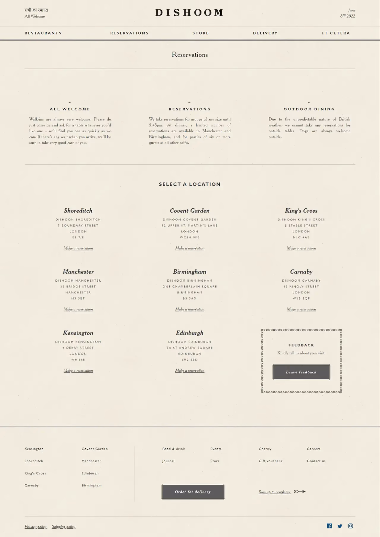 Dishoom Restaurant Landing Page Example