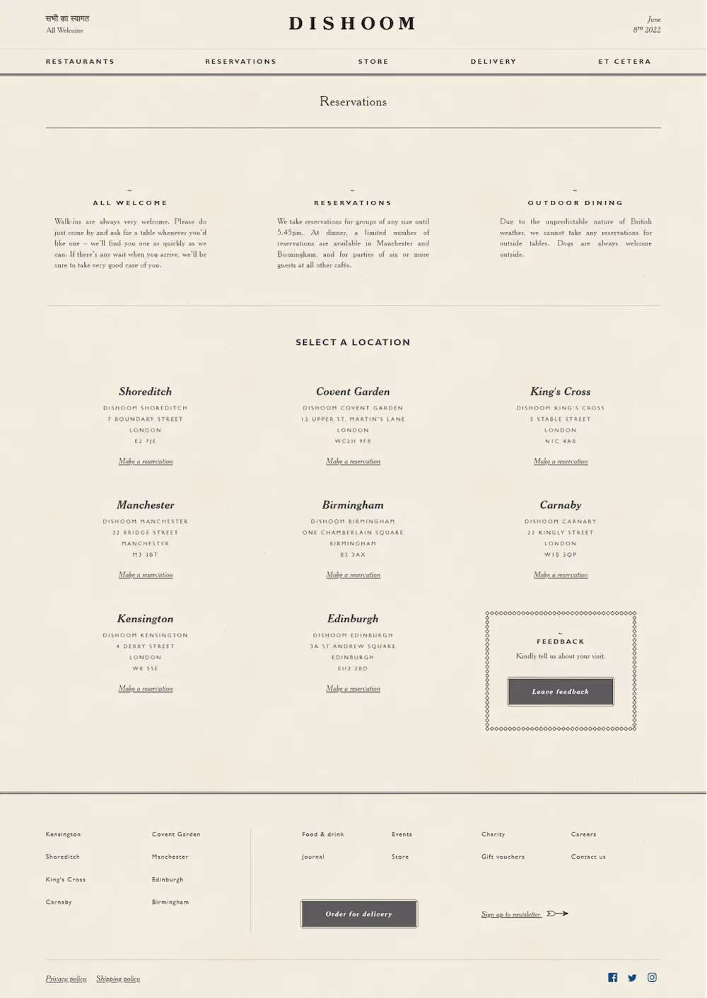 Restaurant Landing Pages Examples: Dishoom