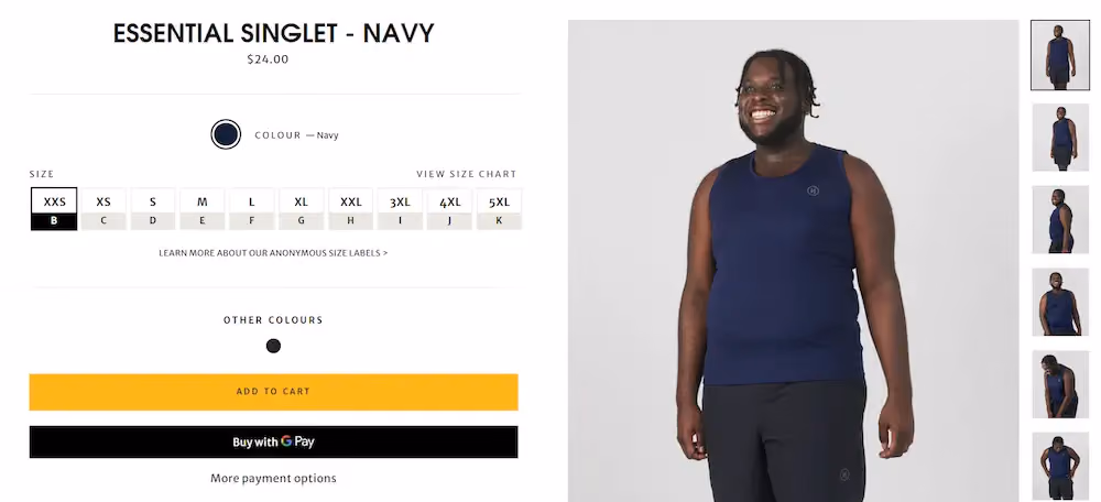 Product page for an athletic jersey on Contra's website with a yellow add to cart button and black Google Pay option underneath.
