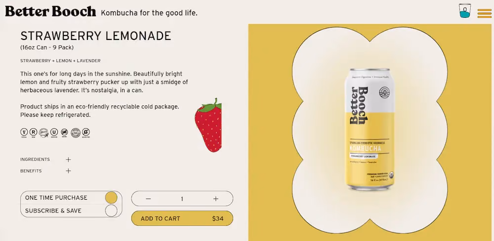 Product page for kombucha on Better Booch's website with the price included in the add to cart button.