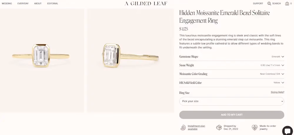 Product page for an engagement ring on A Gilded Leaf's website with a grey add to cart button.