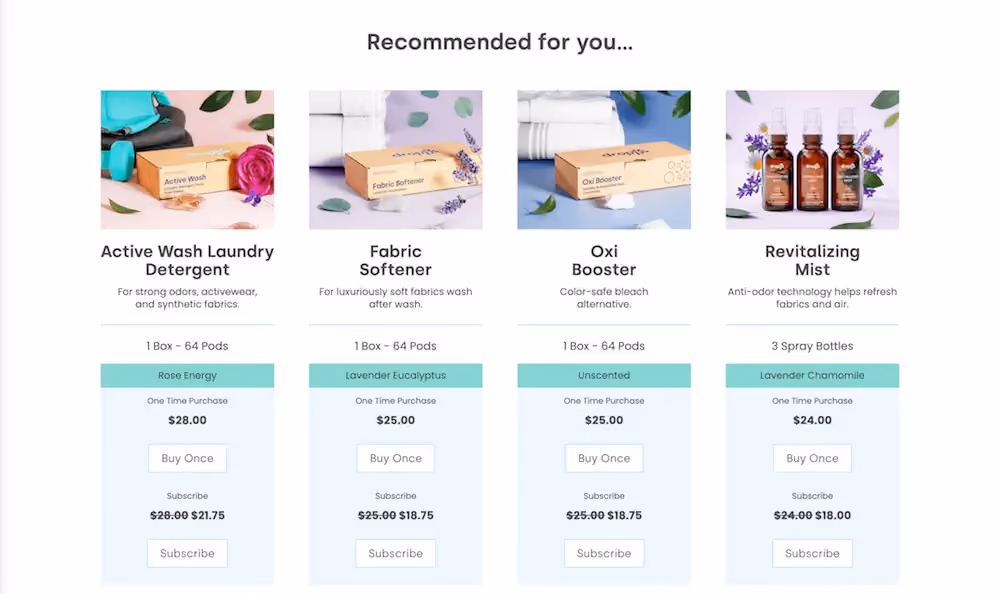 Product recommendations landing page offering with add to cart buttons underneath each product that say "buy once" and "subscribe."