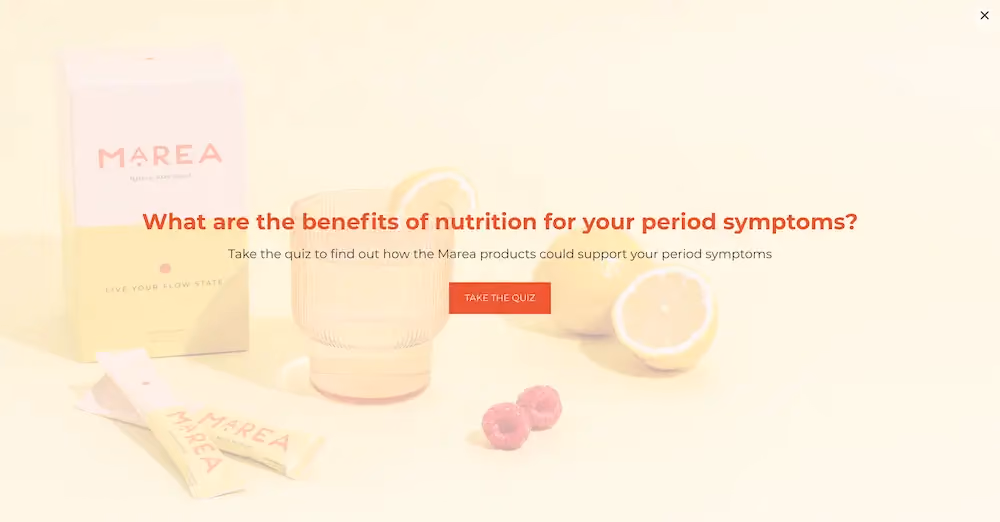 Marea's quiz landing page says, "What are the benefits of nutrition for your period symptoms?" with a subtitle underneath that says, "Take the quiz to find out how the Marea products could support your period symptoms" and a CTA button to take the quiz.
