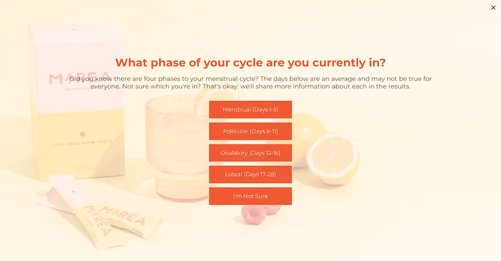 Multiple choice quiz question that asks what phase of the menstrual cycle the quiz taker is in.