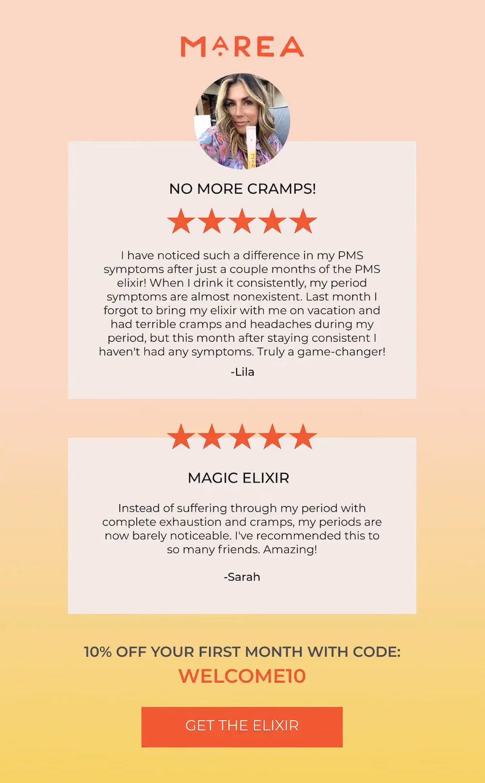 Symptom-specific email highlighting reviews from customers who used the elixir to improve menstrual cramps