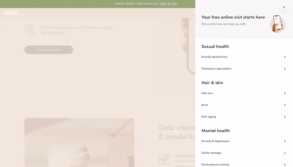 Segmentation survey that shows site visitors what health concerns Hims can help with