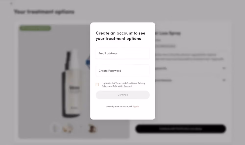 A popup that prompts the quiz taker to create an account to reveal treatment options based on their quiz answers