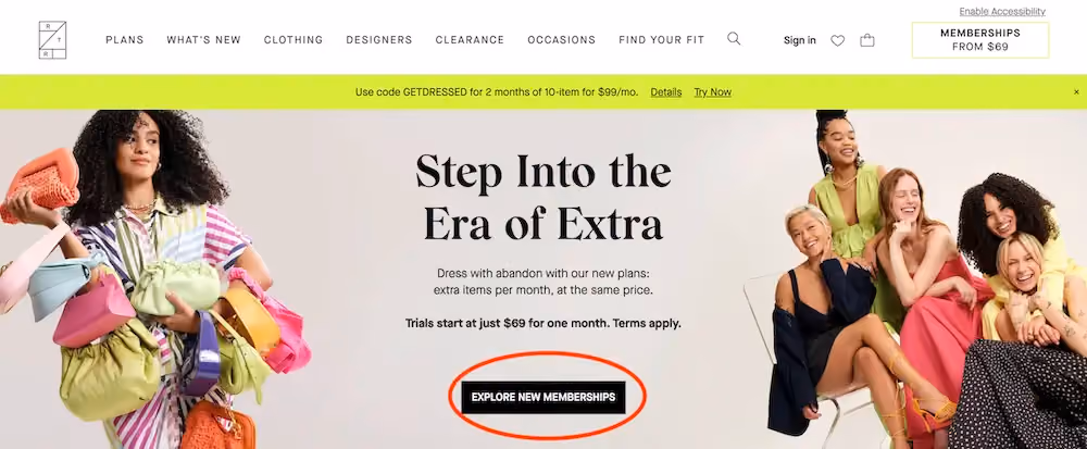 Rent the Runway landing page that prompts site visitors to learn about the new membership plans the brand offers