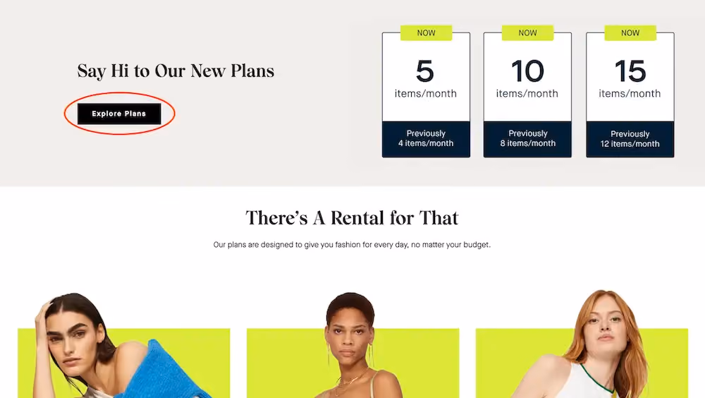 A landing page that describes the three membership plan options available for Rent the Runway, defined by the number of items a customer will be able to rent monthly