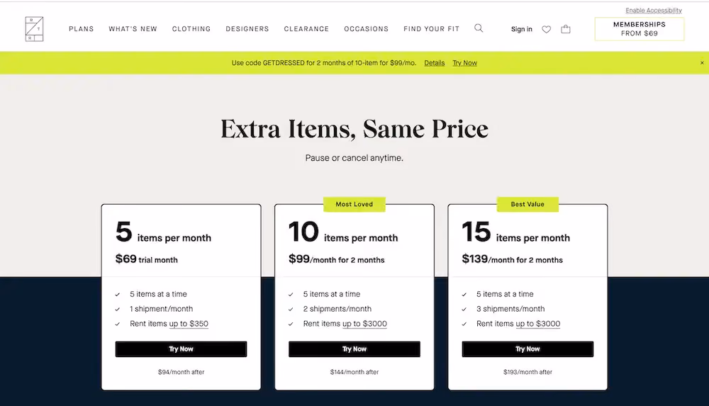 A landing page that describes the details of each price plan available on Rent the Runway