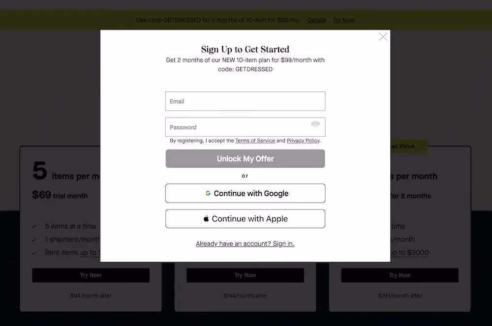 A popup that prompts customers to create their account once they've choose a pricing plan.