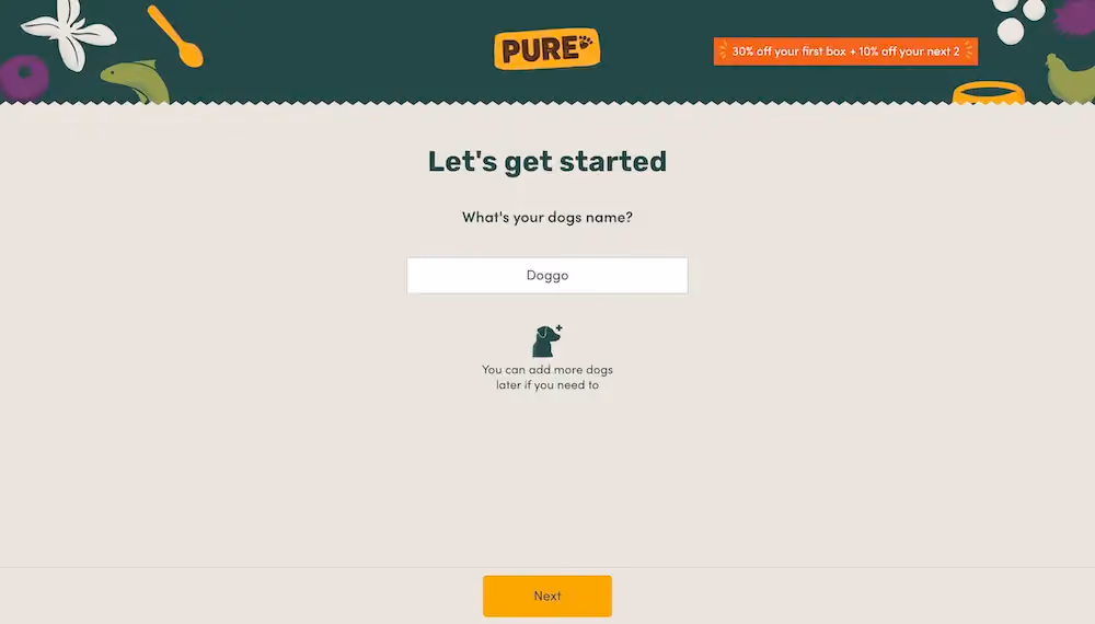 The first question in Pure Pet Food's quiz, which asks, "What's your dog's name?"
