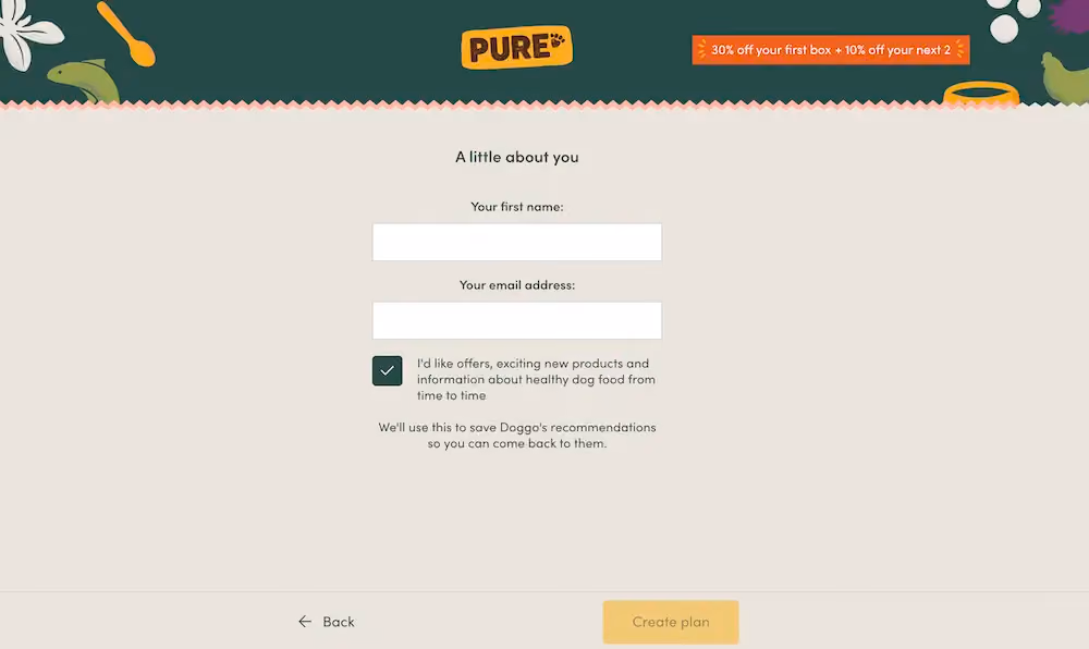 Pure Pet Food's email sign up page