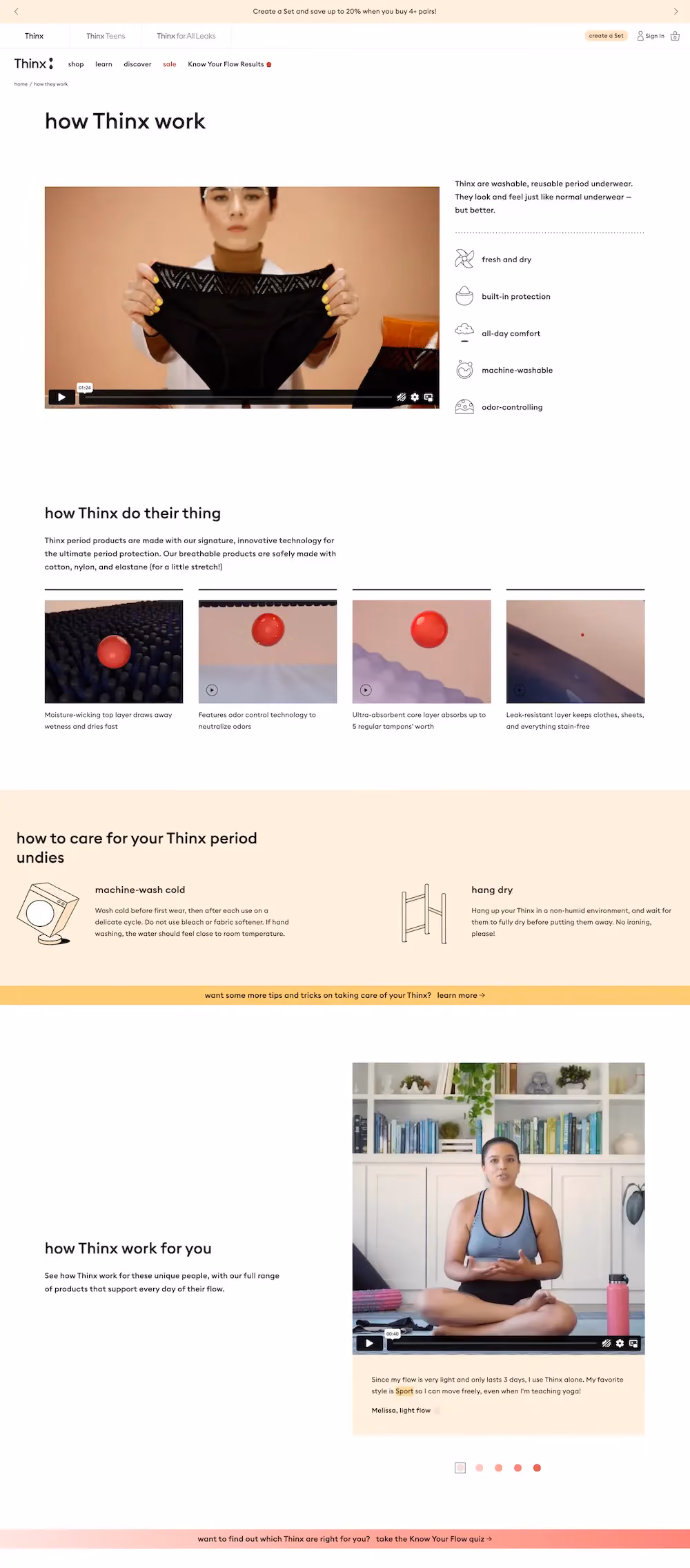 A landing page on Thinx's website that describes how the brand's products work. At the bottom of the page there's a CTA to take the product recommendation quiz.