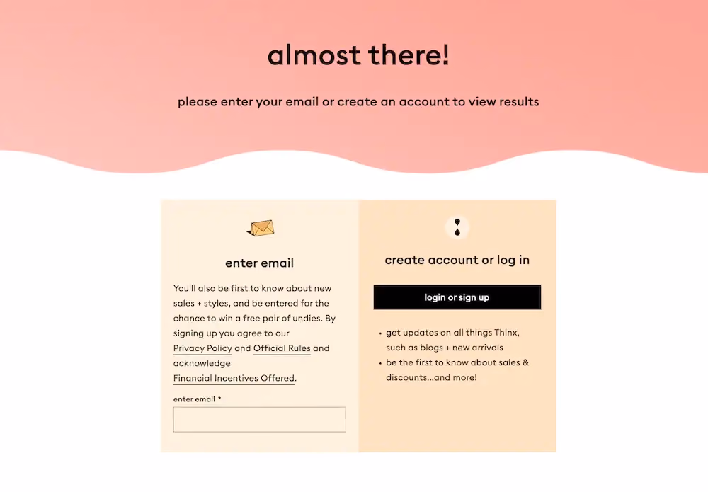 Landing page that prompts quiz takers to provide their email address or create an account to view their quiz results