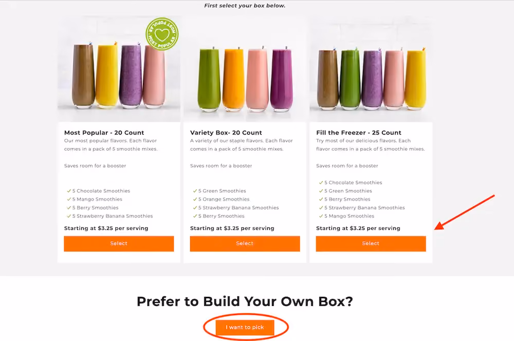 Landing page for shoppers to choose a pre-built smoothie box or build their own.