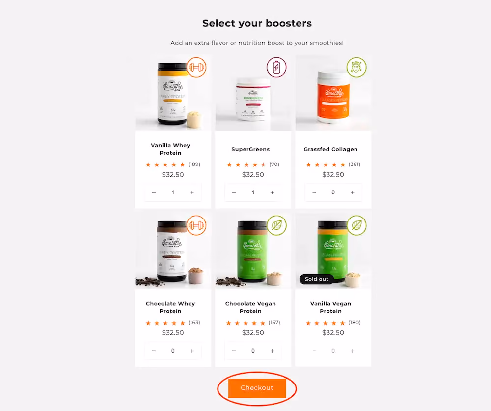 The next step in the purchase journey asks shoppers to choose boosters like protein or collagen to add to their smoothies