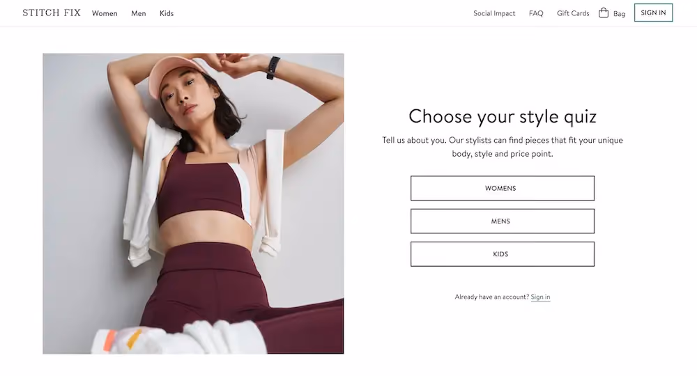 Quiz landing page that prompts site visitors to choose to take a style quiz for women, men, or kids.