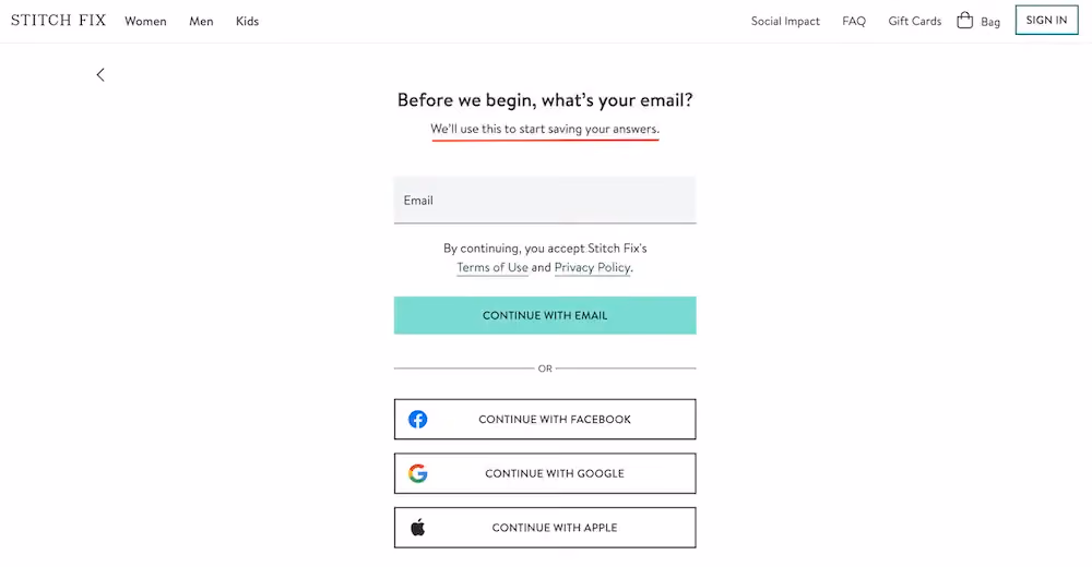 Stitch Fix account creation page prompts site visitors for their email address