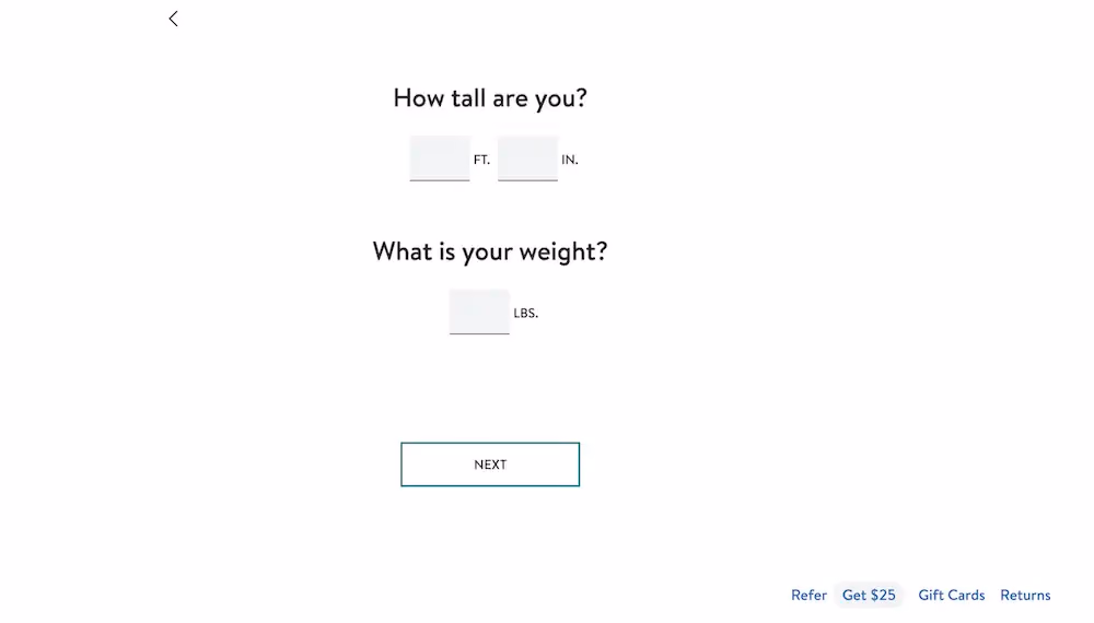 The first question in Stitch Fix's style quiz asks for the shopper's height and weight