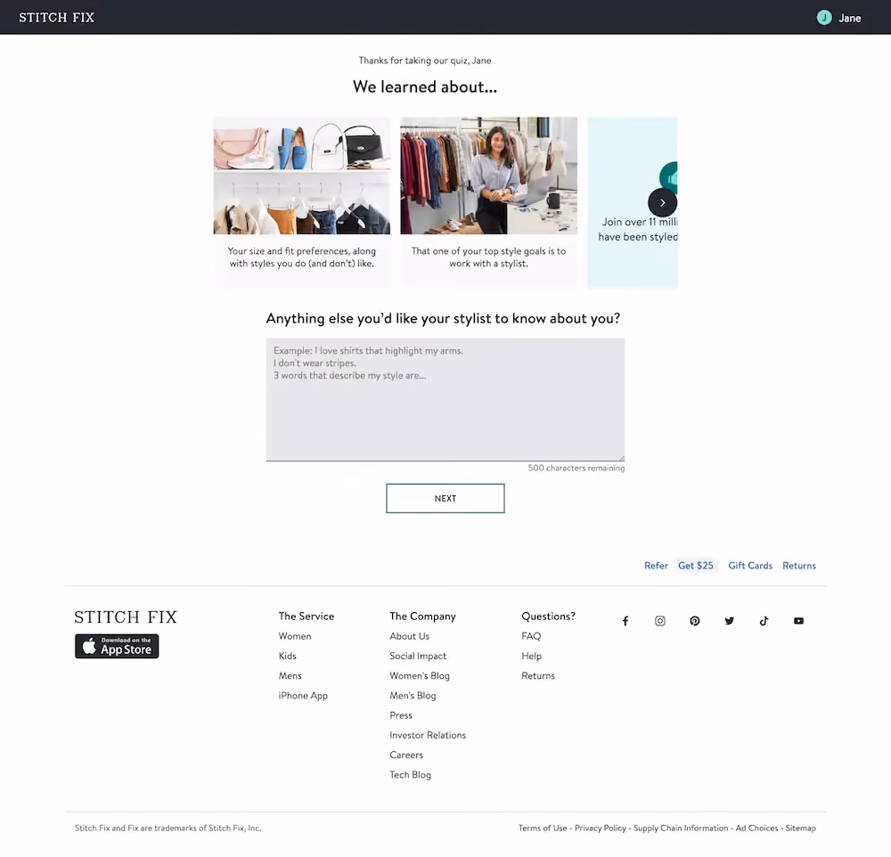 A page after the style quiz asks the shopper if there's anything else they want to share with their stylist