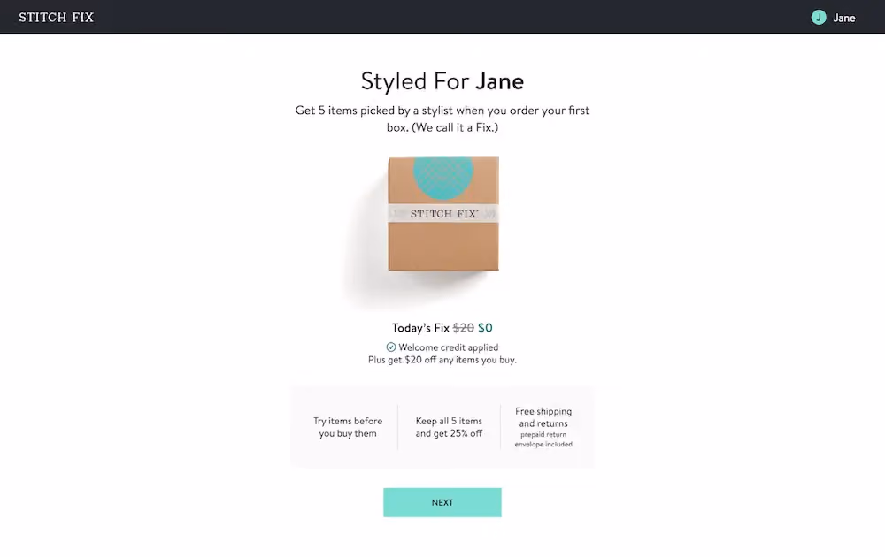 The last page in this funnel gives details about the Stitch Fix subscription box and prompts the site visitor to get started with a free styling fee on the first box.