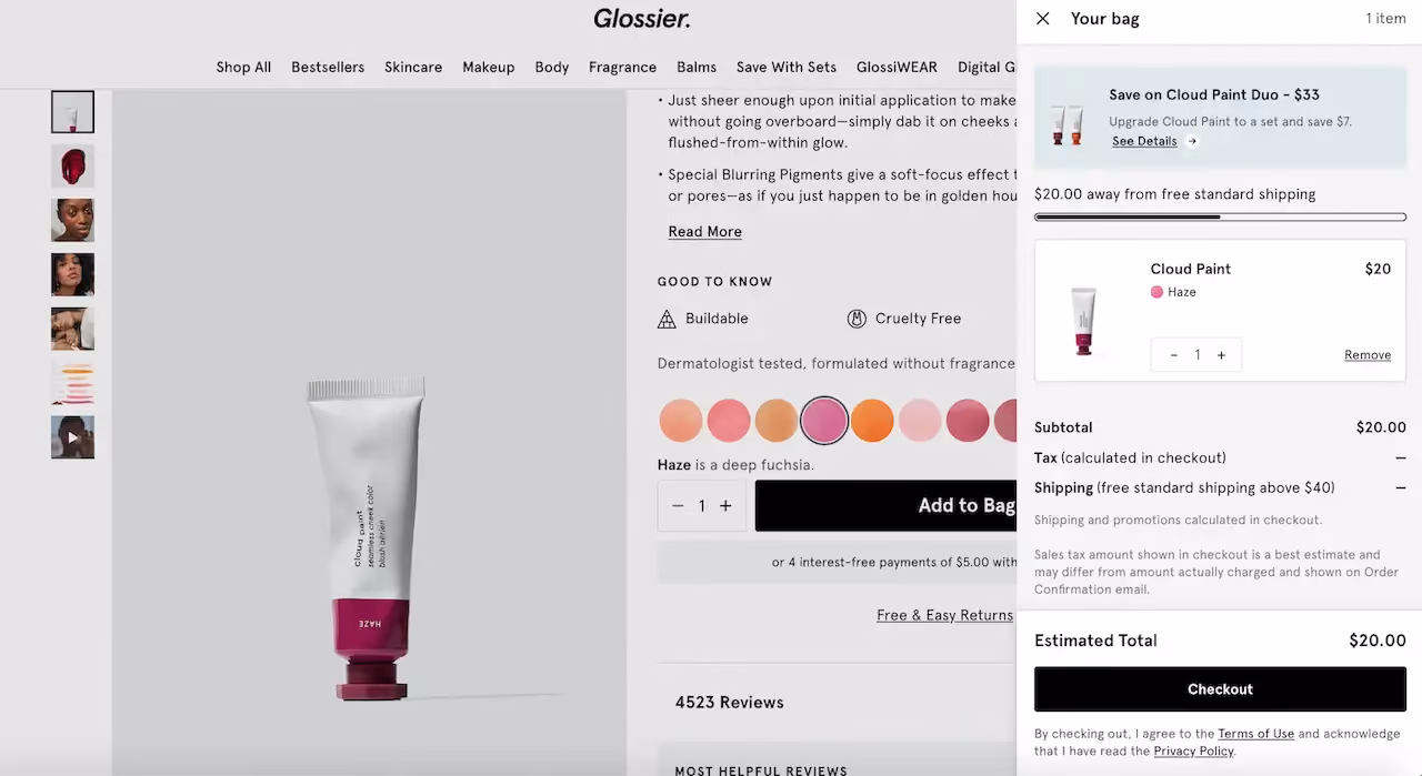 Glossier Shopify Upsell Popup