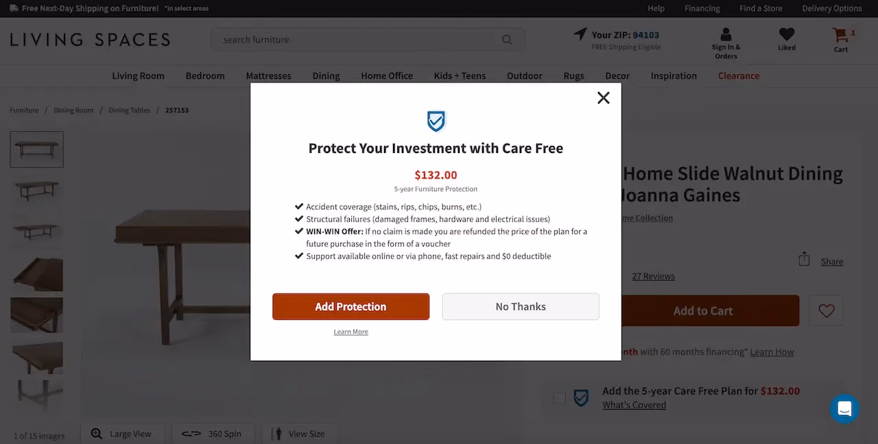 Living Spaces Shopify Upsell Popup Example