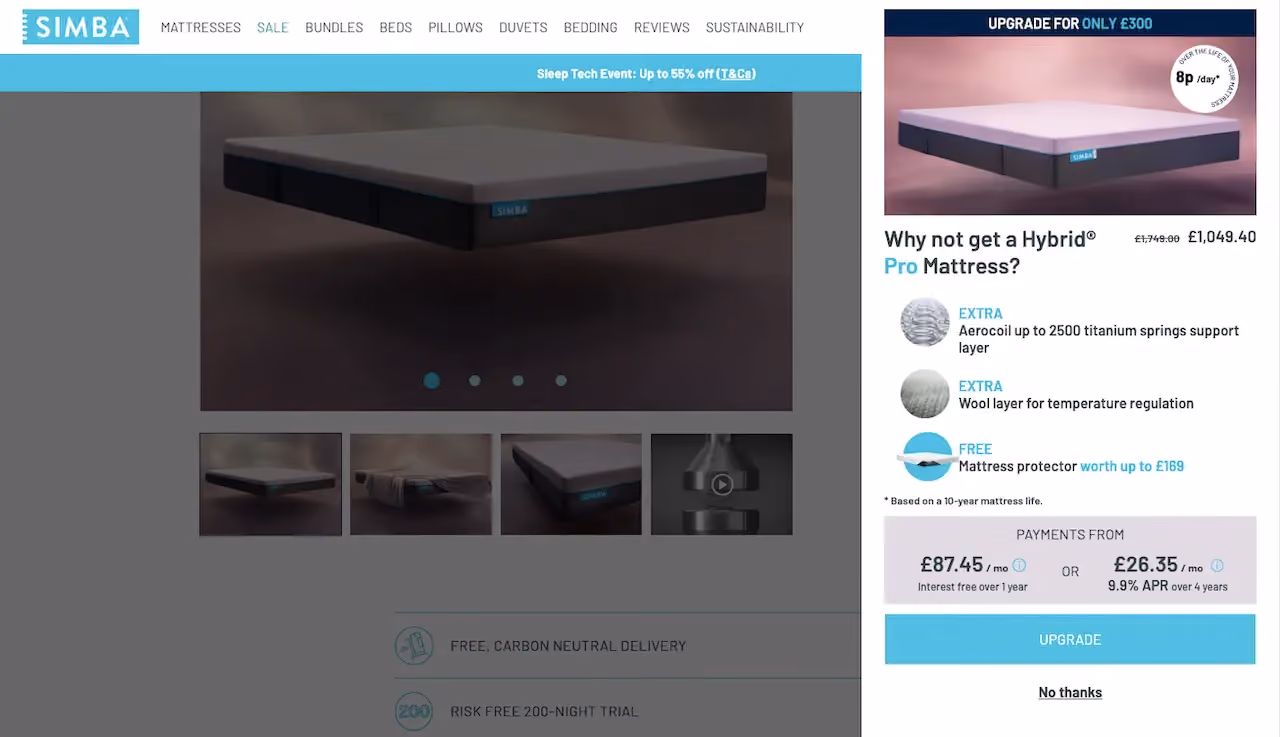 Simba Sleep Shopify Upsell Popup Example