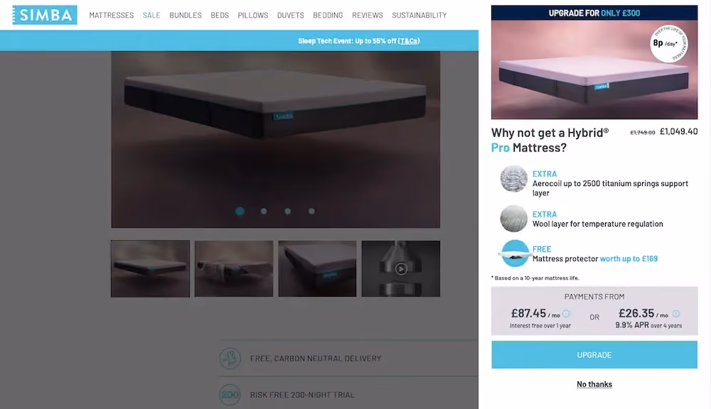 Slide in popup recommending the shopper to upgrade to a Hybrid Pro mattress from the regular Hybrid mattress on Simba's website