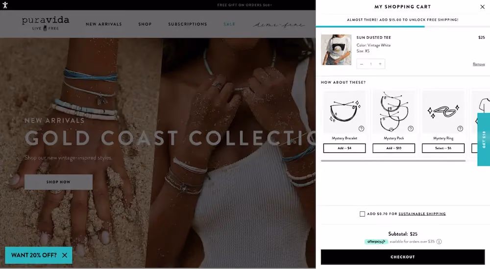 Slide in shopping cart on Pura Vida's website that recommends the shopper add mystery items to their cart.