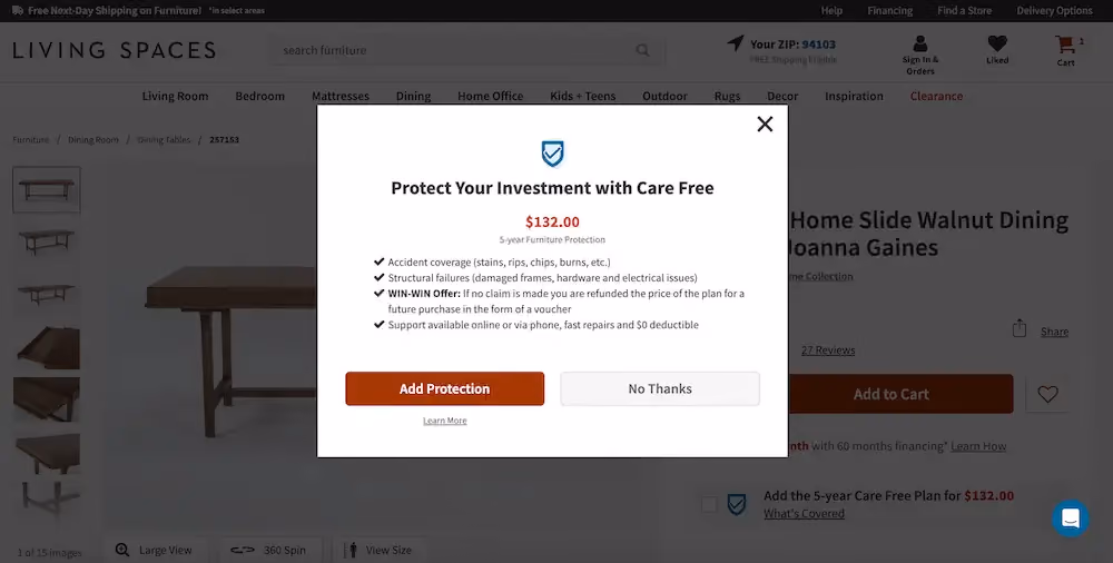Popup on Living Spaces' website that recommends adding a 5-year protection plan.
