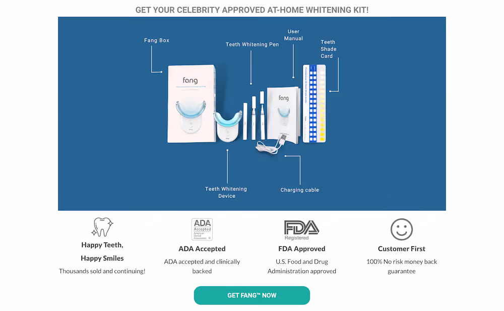 CTA at the bottom of Fang's landing page that shows what's included in the whitening kit along with a few final points to cover a customer's objections to purchase.