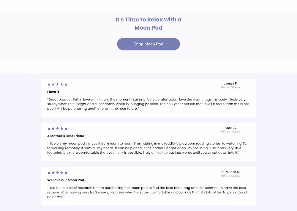 Customer reviews with star ratings at the bottom of Moon Pod's listicle landing page