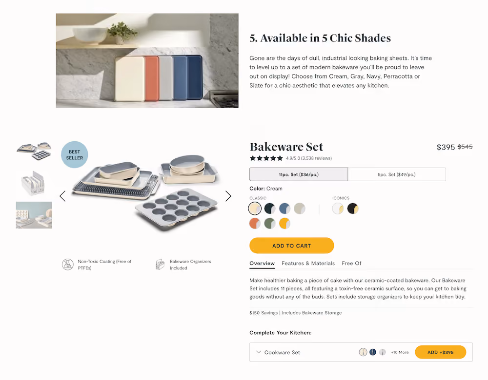 A shop section appears at the bottom of Caraway's listicle, giving shoppers the option to choose their cookware set and color.