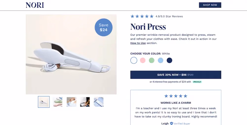 A shop feature on Nori's landing page prompting shoppers to choose their color and buy with a CTA button that reads "Save 20% now." The button includes the original price crossed out and the new price shoppers get with the discount.