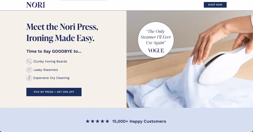 Landing page for a handheld clothing iron with a CTA that reads "Pick my press + get 20 off"