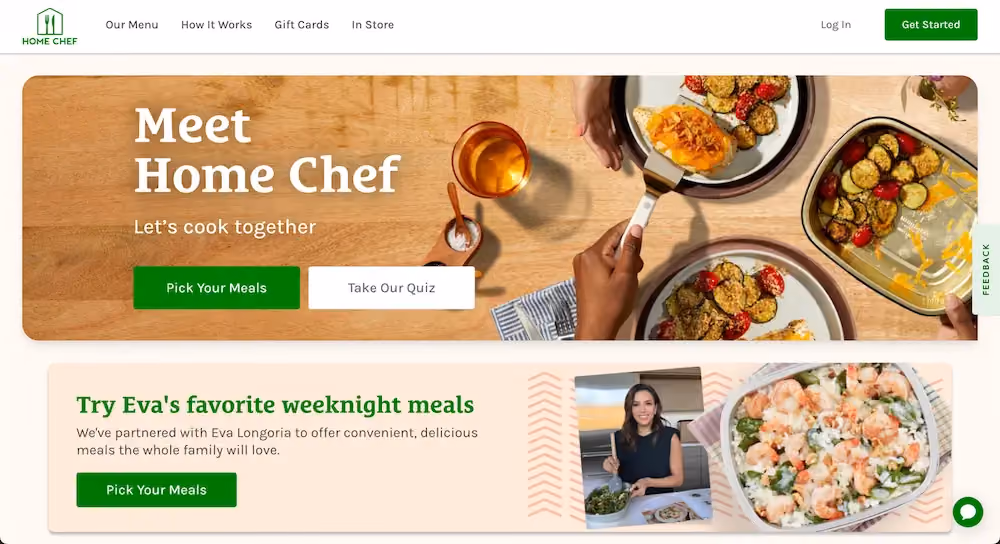 Home Chef's home page featuring a primary CTA button that reads "Pick Your Meals" and a secondary CTA that reads "Take Our Quiz"