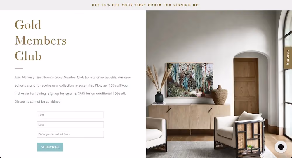 An email form on Alchemy Fine Home's VIP landing page that prompts site visitors to subscribe for a discount and exclusive benefits.