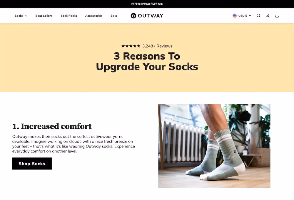 Outway's listicle titled "3 Reasons to Upgrade Your Socks" with a CTA button to "Shop Socks" under the first listicle item.