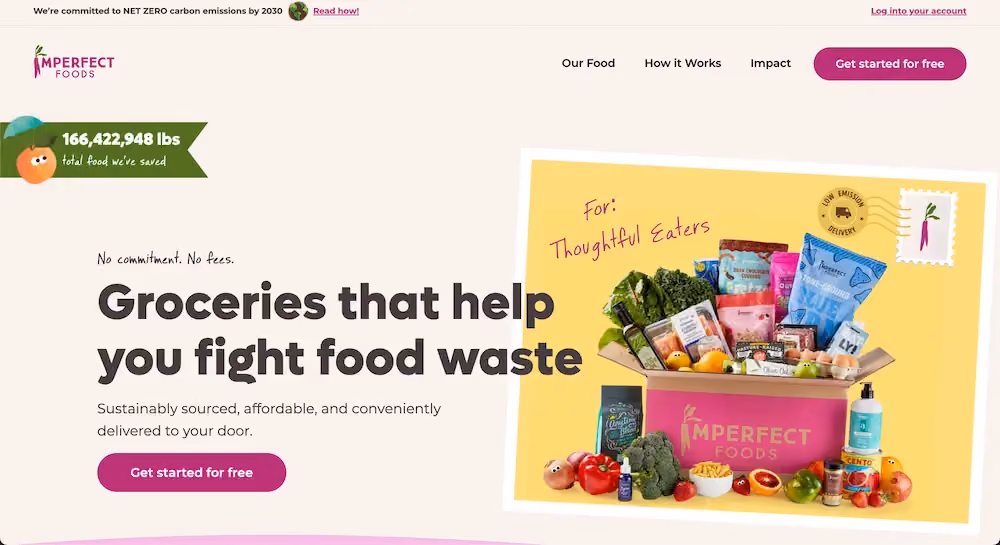 Imperfect Foods' home page with a CTA button that reads "Get started for free."