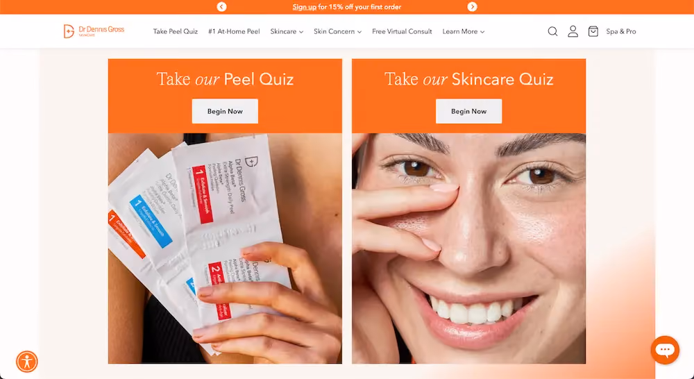 Dr. Dennis Gross' home page features side-by-side CTAs to take a peel quiz or skincare quiz.