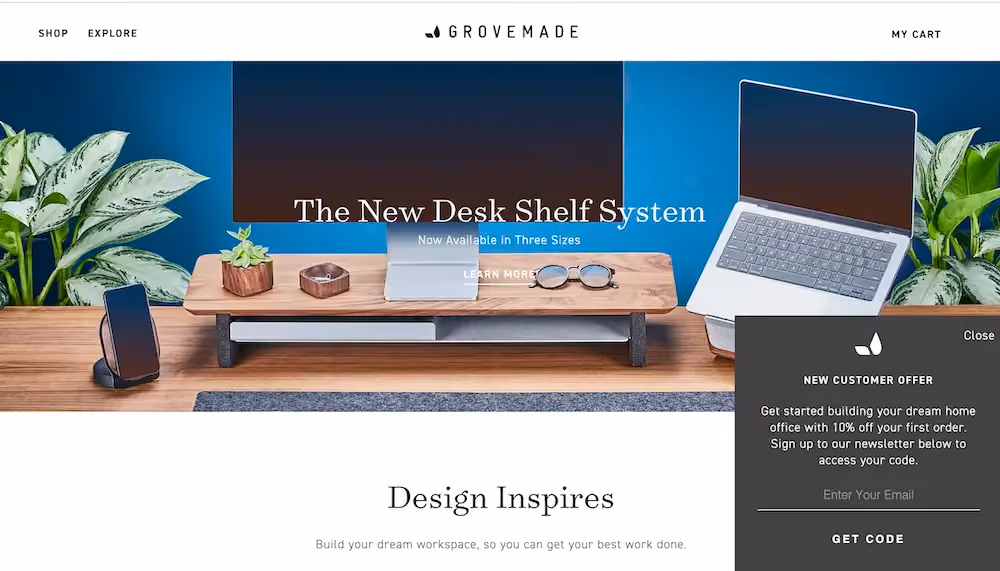 Grovemade's email opt-in form slides in from the right side of the brands' home page.