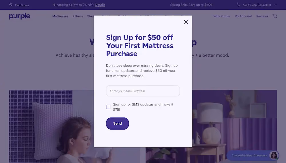 A popup on Purple's website offering 50 off the shopper's purchase in exchange for entering their email address. A checkbox offers to increase the discount to $75 in exchange for the shopper's phone number as well.